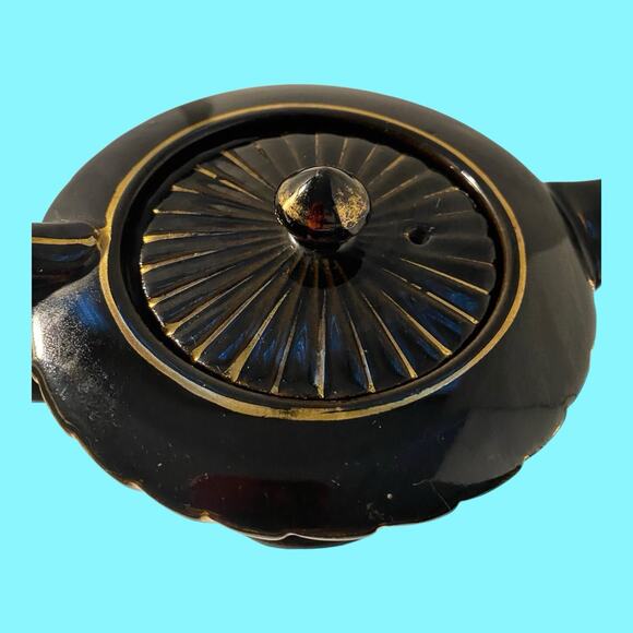 Vintage Sadler Teapot Black W/Gold Stripes MCM England Retro Art Deco Small Ding - Picture 3 of 9